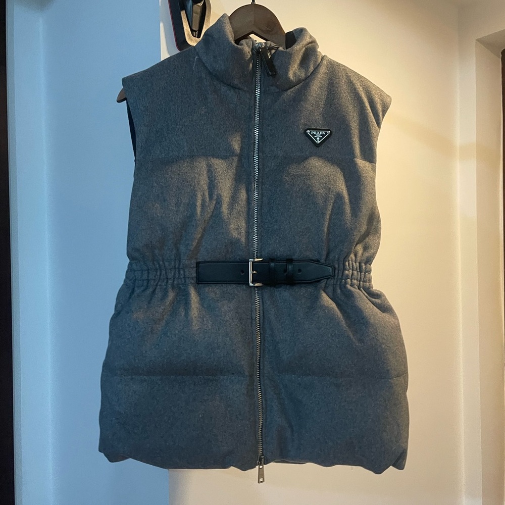 Prada Charcoal Grey Quilted Sleeveless Puffer Vest with Belt